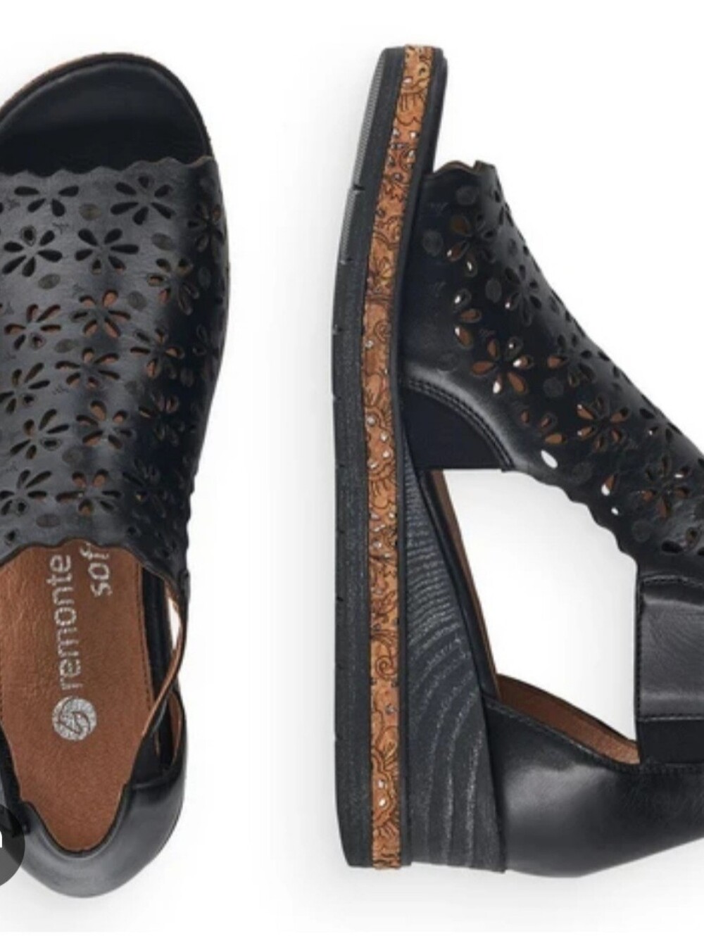 Remonte Womens Jerilyn 56 Black Sz 38 (7-7.5) Leathet Cutouts Wedge Cork Heel